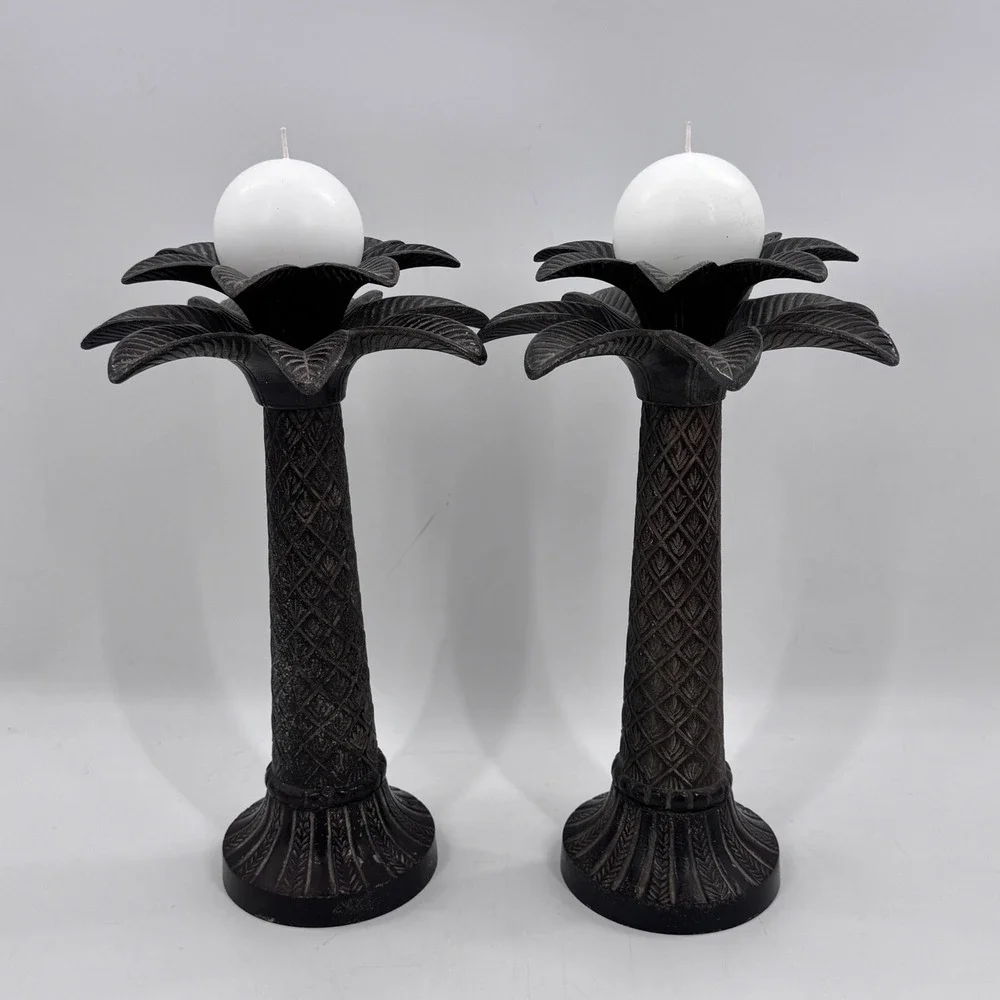 Vintage Iron Palm Tree Candle Holders Pair 15